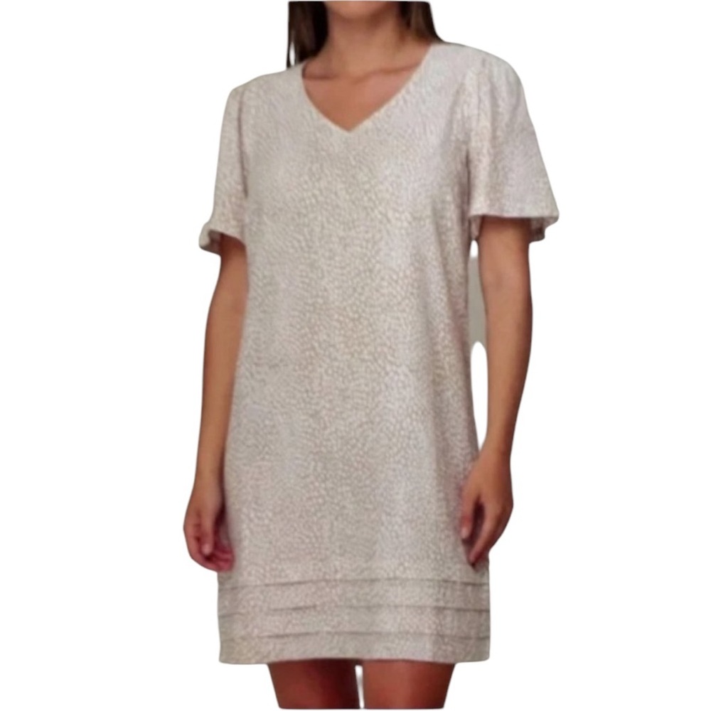 NWOT Nicole Miller Original Linen Blend Dress Beige Animal Print Short Sleeve